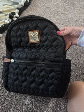 Brighton Black Quilted Heart-Pattern Backpack with Brown Trim